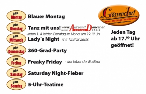 tanzcafe Gössendorf Visitenkarte_Gössendorf_Seite_4 Mo-So jeden 1. & letzten Dienstag um 19:19Uhr und jeden Mittwoch Ladys Night